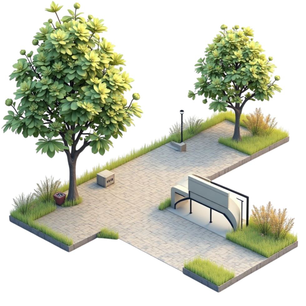 3d rendered park section isometric view with trees bench path lamppost grass isolated transparent background png