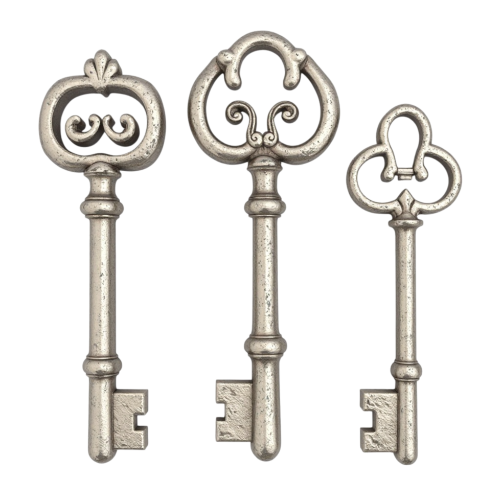 A collection of three antique vintage ornate metal skeleton keys isolated on a transparent background png