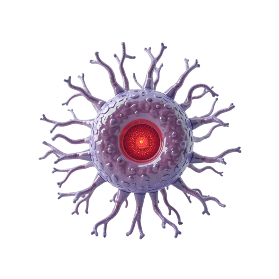 Abstract Cell Structure with Red Core and Branching Appendages on Transparent Background png
