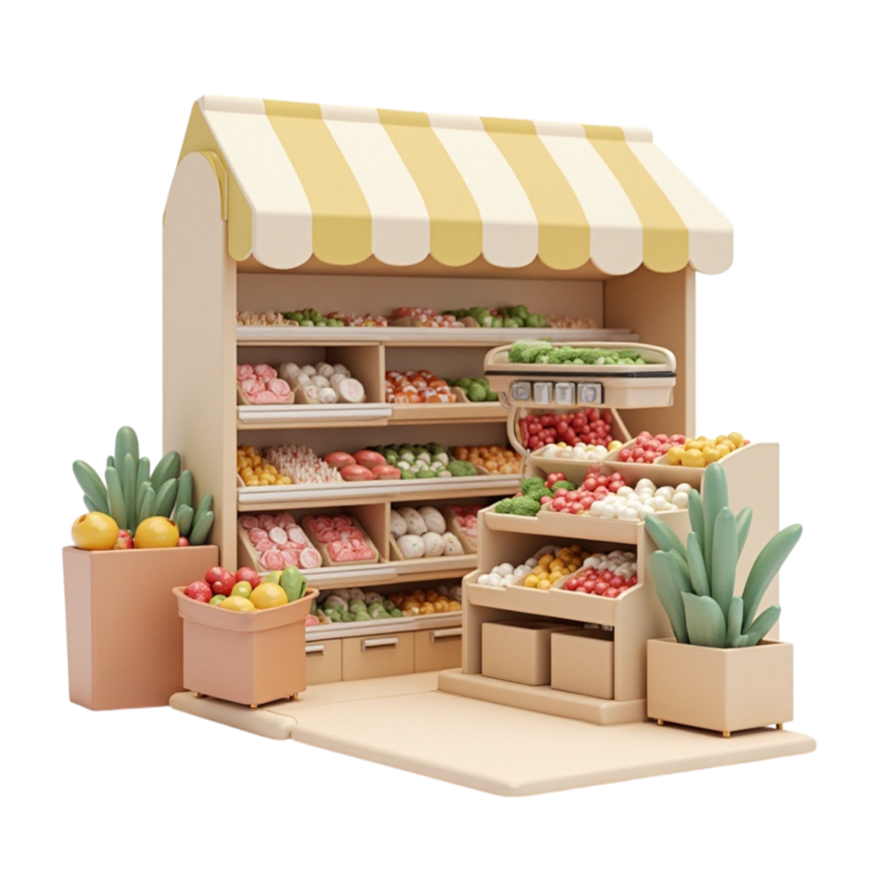Adorable 3D Rendered Stylized Mini Grocery Store with Fresh Produce and Awning png