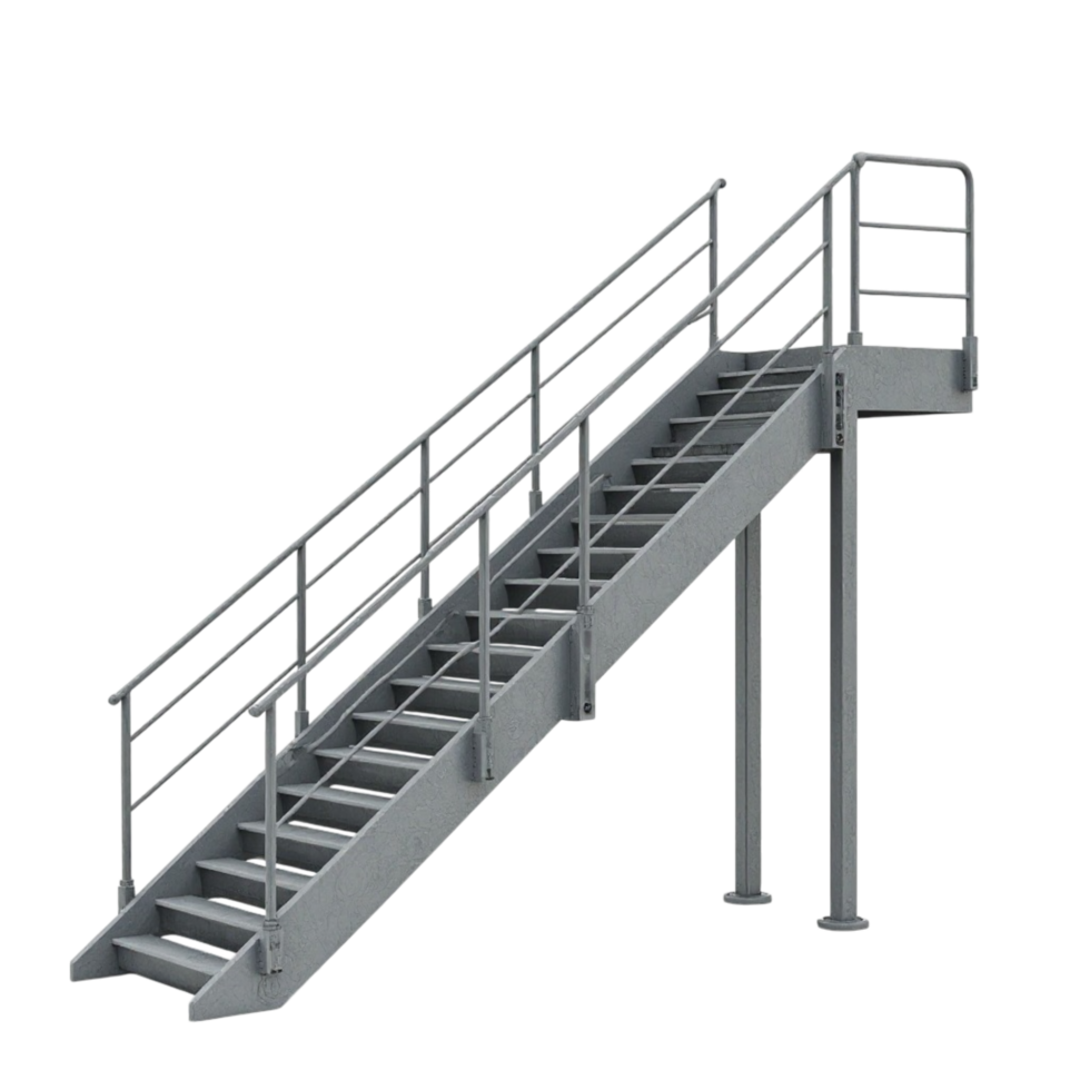 Angled View of Heavy Duty Industrial Metal Stairs with Handrail Isolated on Transparent Background png