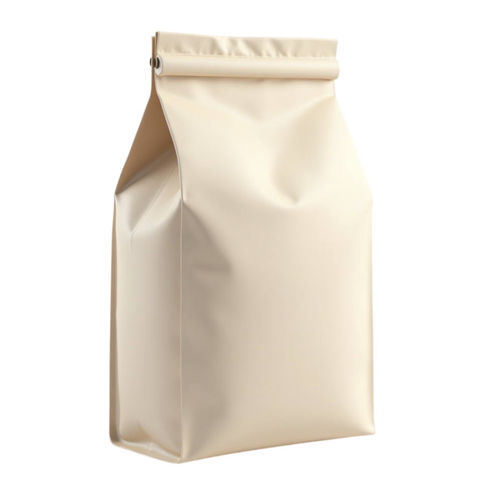 Blank Cream Colored Paper Bag with Folded Top Isolated on Transparent Background Ideal for Packaging Mockups png