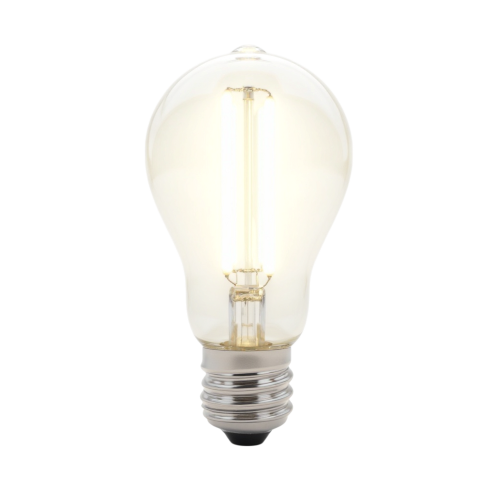 Bright vintage style illuminated LED light bulb on transparent background file png