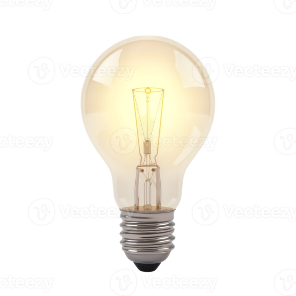 Brightly lit classic incandescent light bulb glowing on a transparent background isolated png
