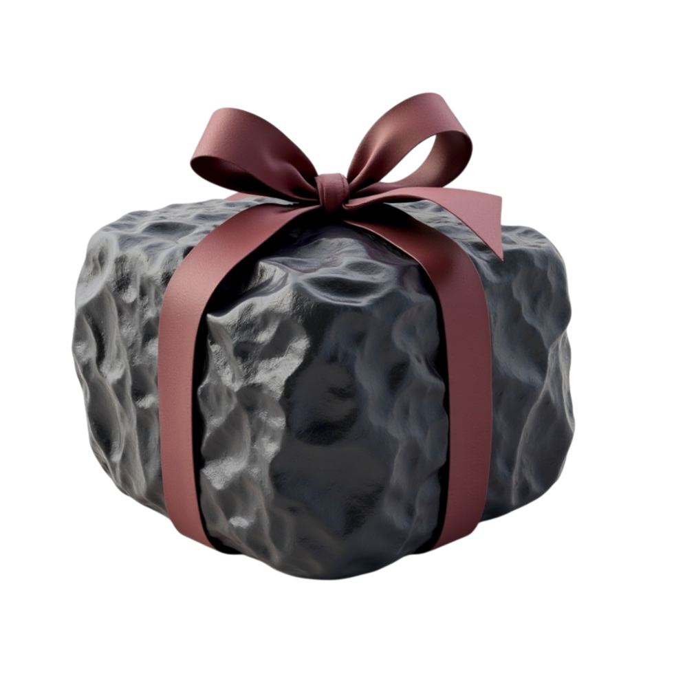 Dark textured rock or asteroid wrapped in a ribbon as a unique gift concept isolated png