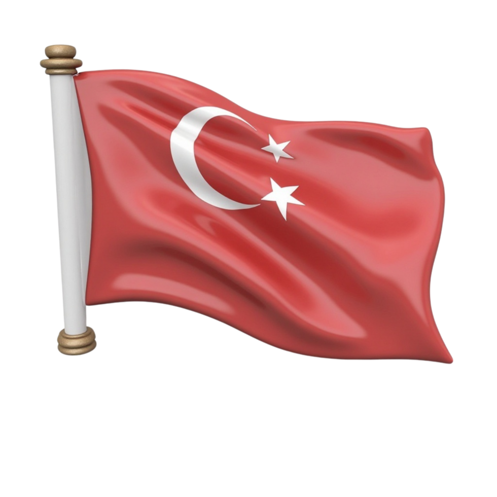 Bright red Turkish national flag with white crescent moon and star waving proudly on flagpole png