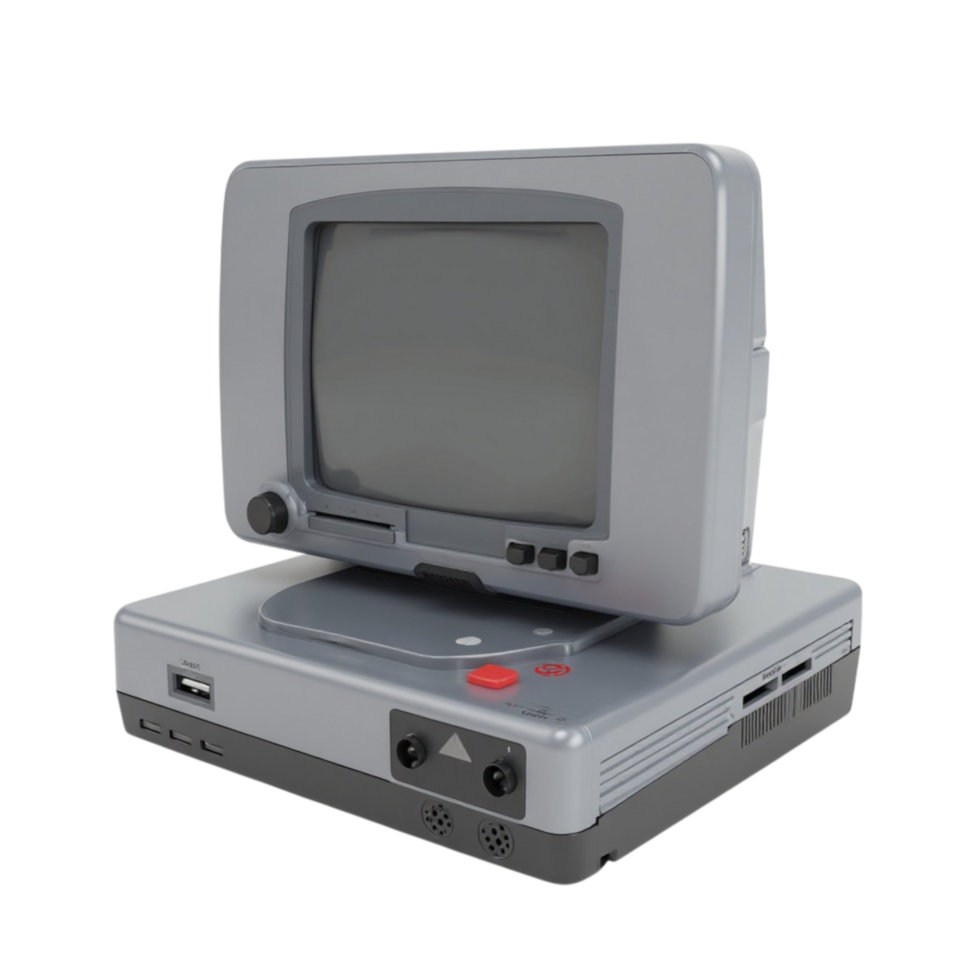 Classic gray game console and monitor setup from the 80s or 90s with a transparent background file. png