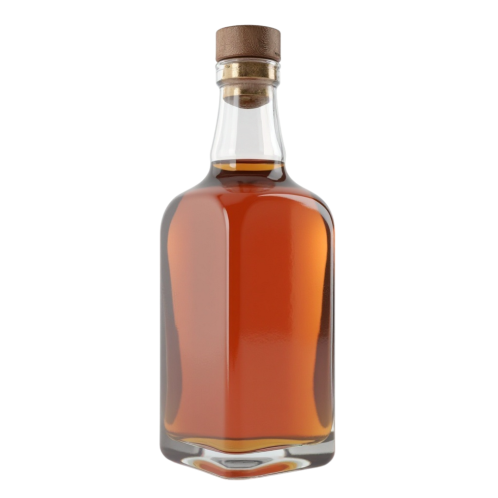 Classic Glass Liquor Bottle with Amber Liquid Isolated on Black Background Transparent Render png
