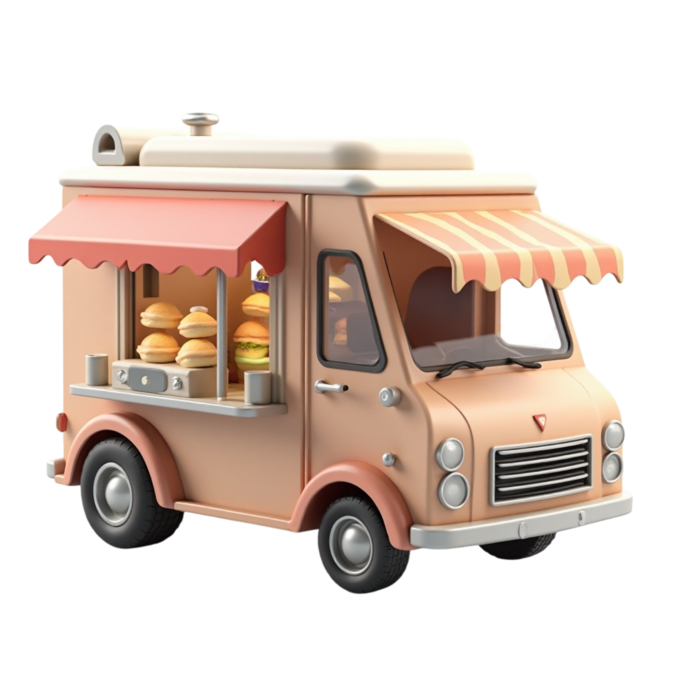 Charming Cartoon 3D Food Truck Illustration Selling Delicious Burgers on Transparent Background png