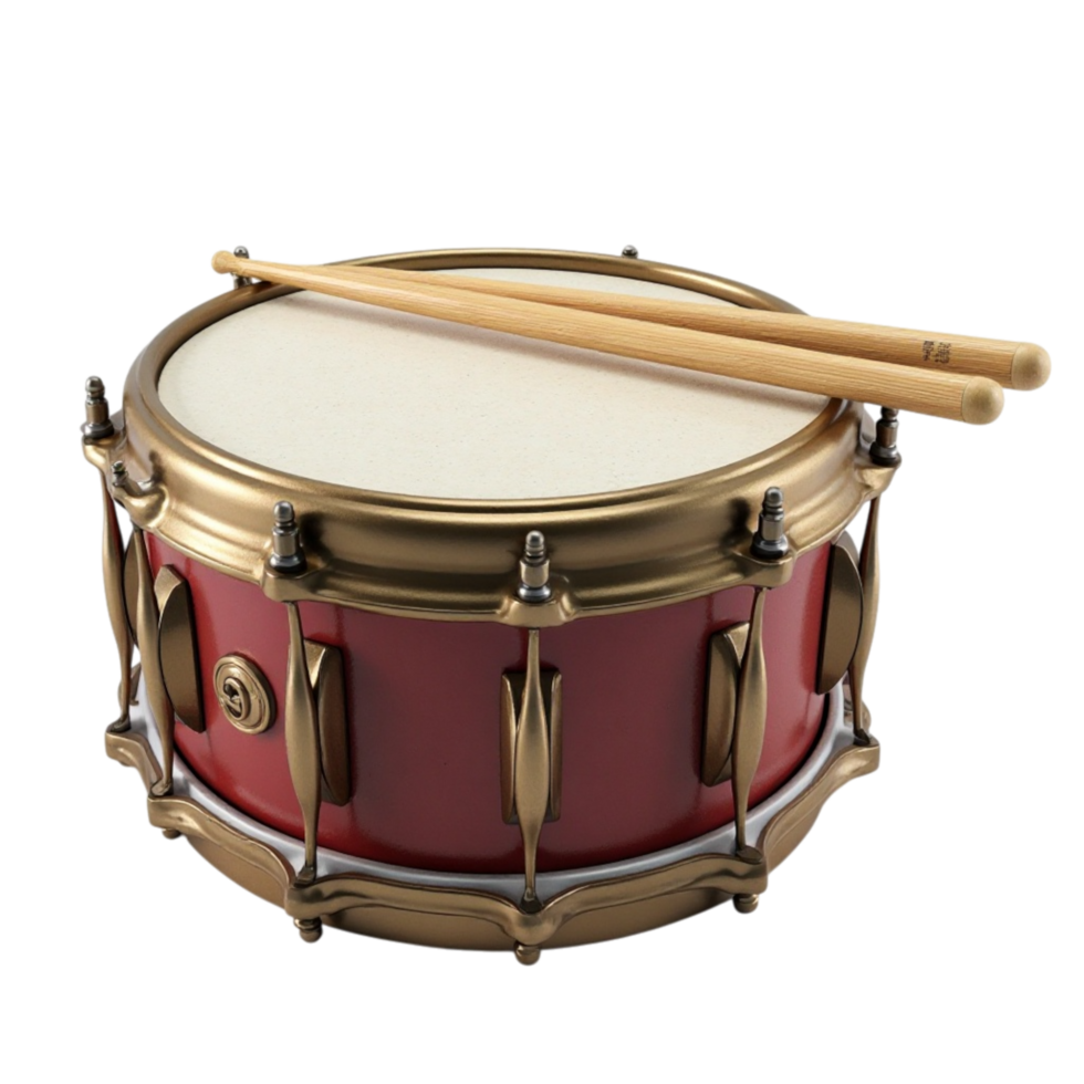 Classic Red and Gold Snare Drum with Sticks Image Isolated on Transparent Background for Design Elements png
