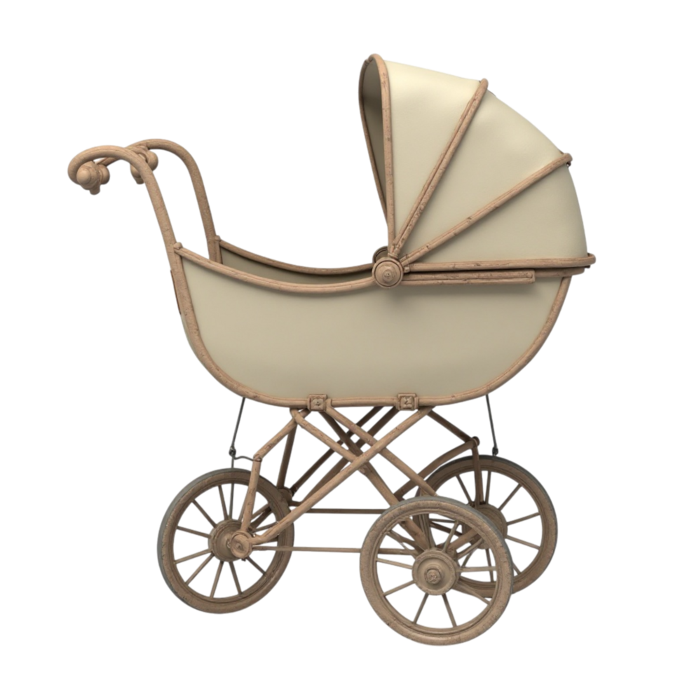 Classic vintage baby carriage or pram with folding hood isolated on transparent background png
