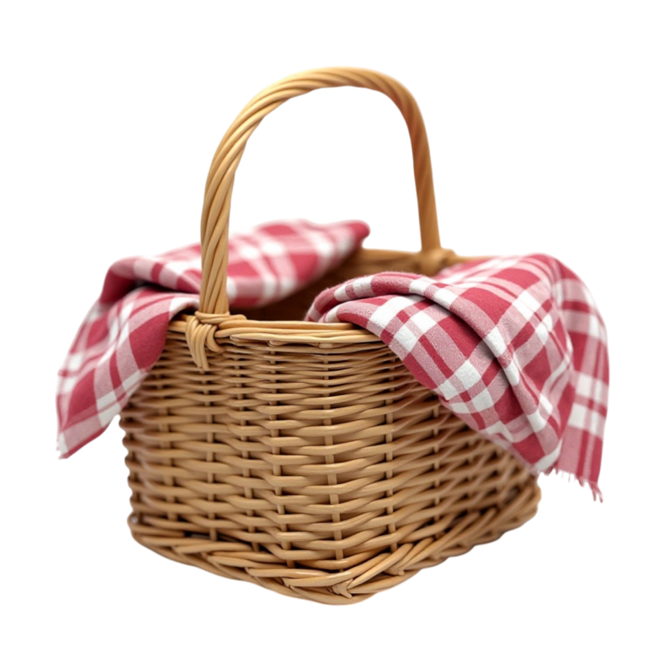 Classic wicker picnic basket with red checkered cloth file, transparent background isolated studio shot png