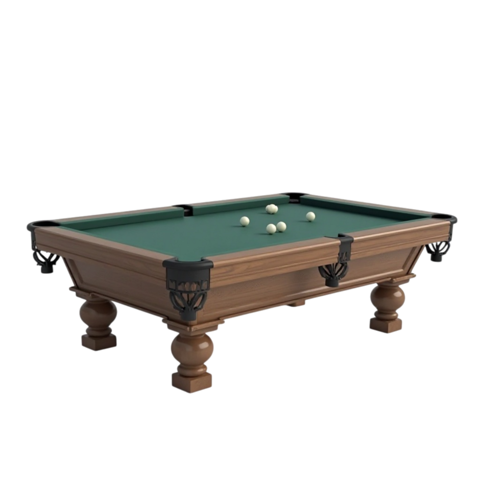 Classic wooden pool table with green felt and white billiard balls ready for a game on transparent background png