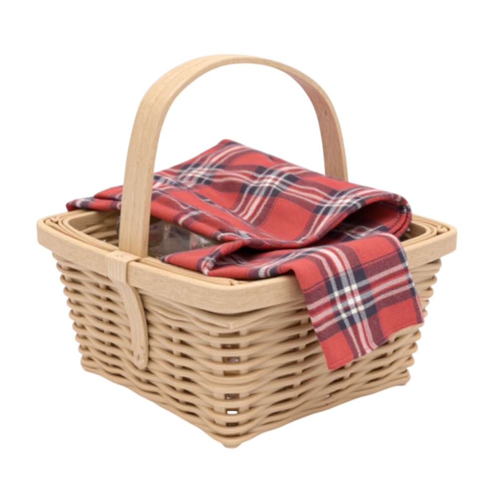Classic Wicker Picnic Basket with Red Plaid Blanket Ready for Outing on Transparent Background png