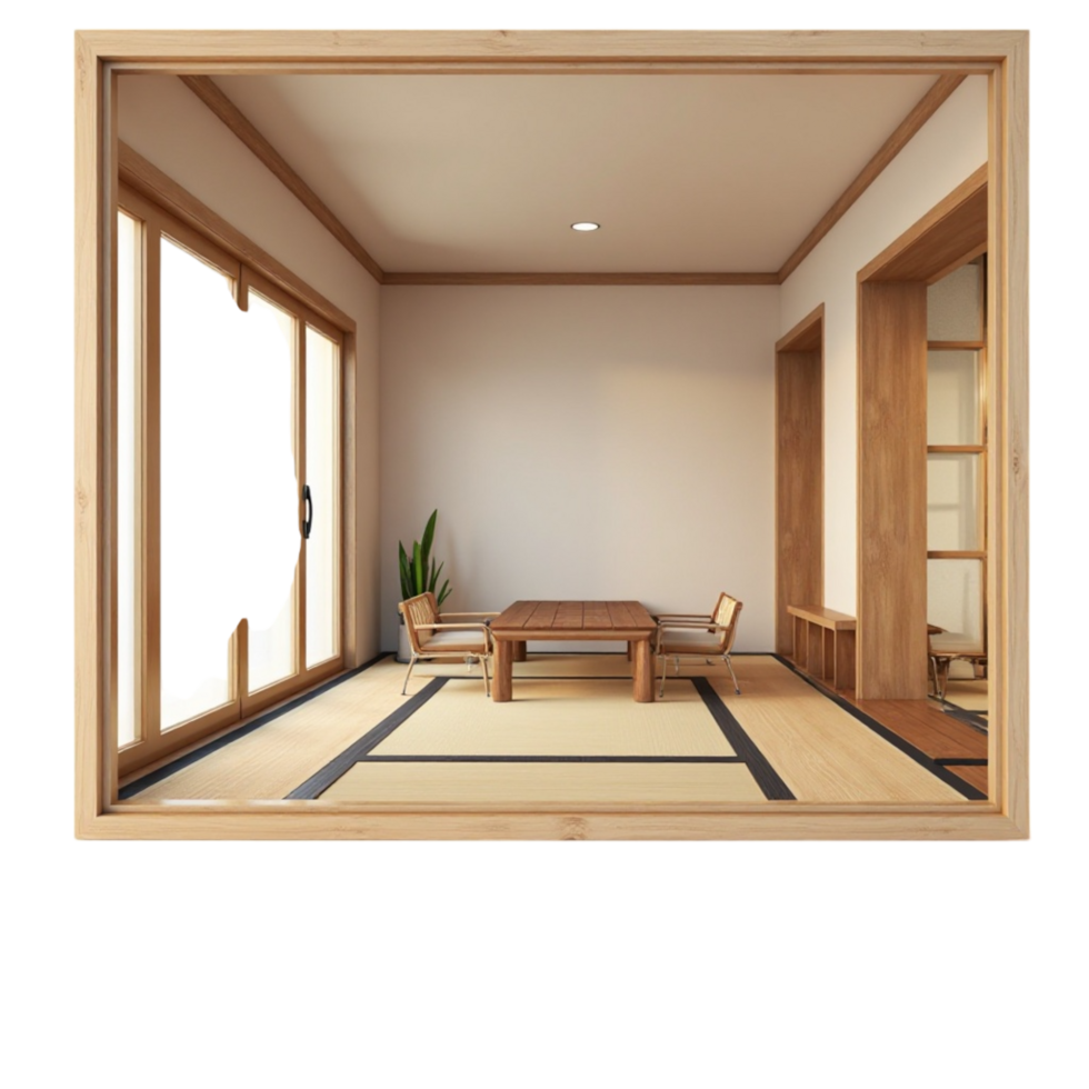 Clean and Minimalist Japanese Room Interior Design View Through a Simple Wooden Frame Isolated on Transparent Background png