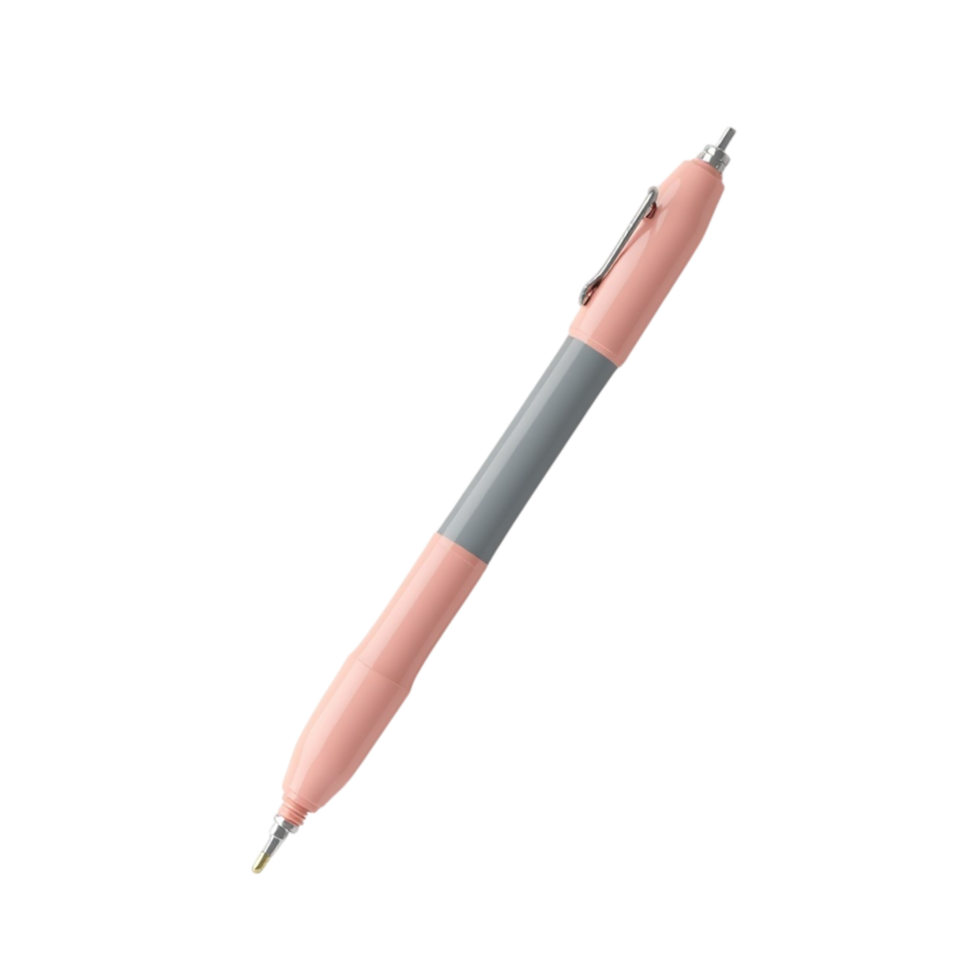 Close-up image of a modern pink and grey ballpoint pen on a black background, office or school supply png