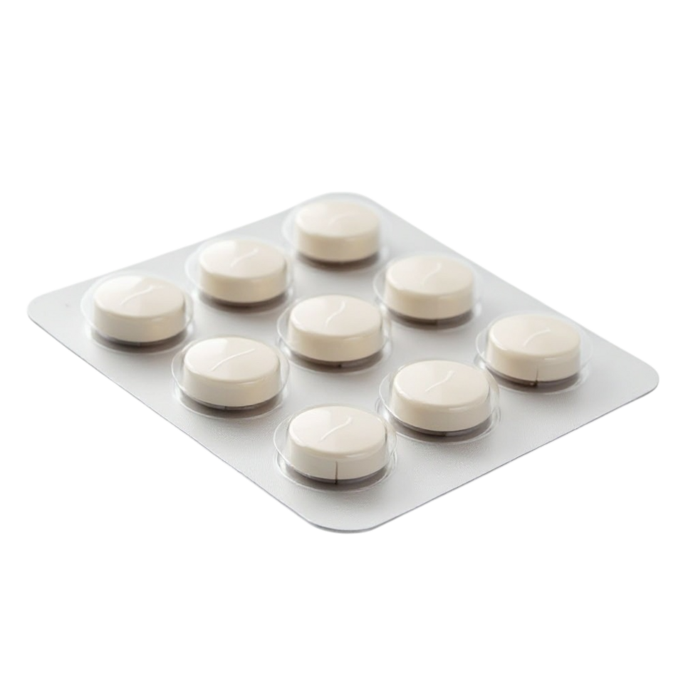 Close-up of a blister pack containing white medical pills or tablets on a transparent background, suitable for healthcare design assets png