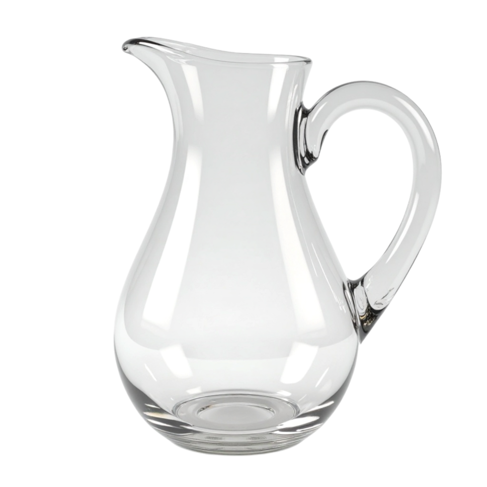 Clear empty glass pitcher with handle and spout against a transparent background png