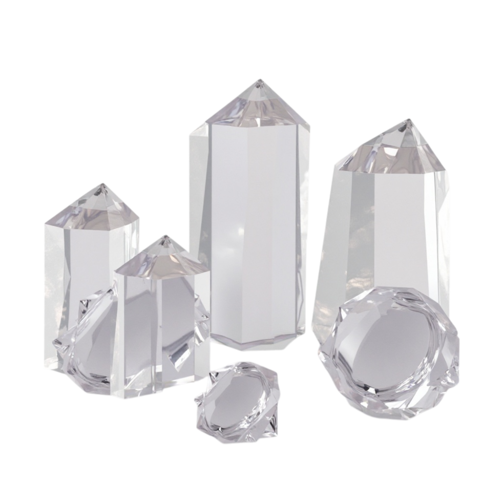 Collection of Faceted Clear Crystal and Diamond Objects on Black Background Transparent File png