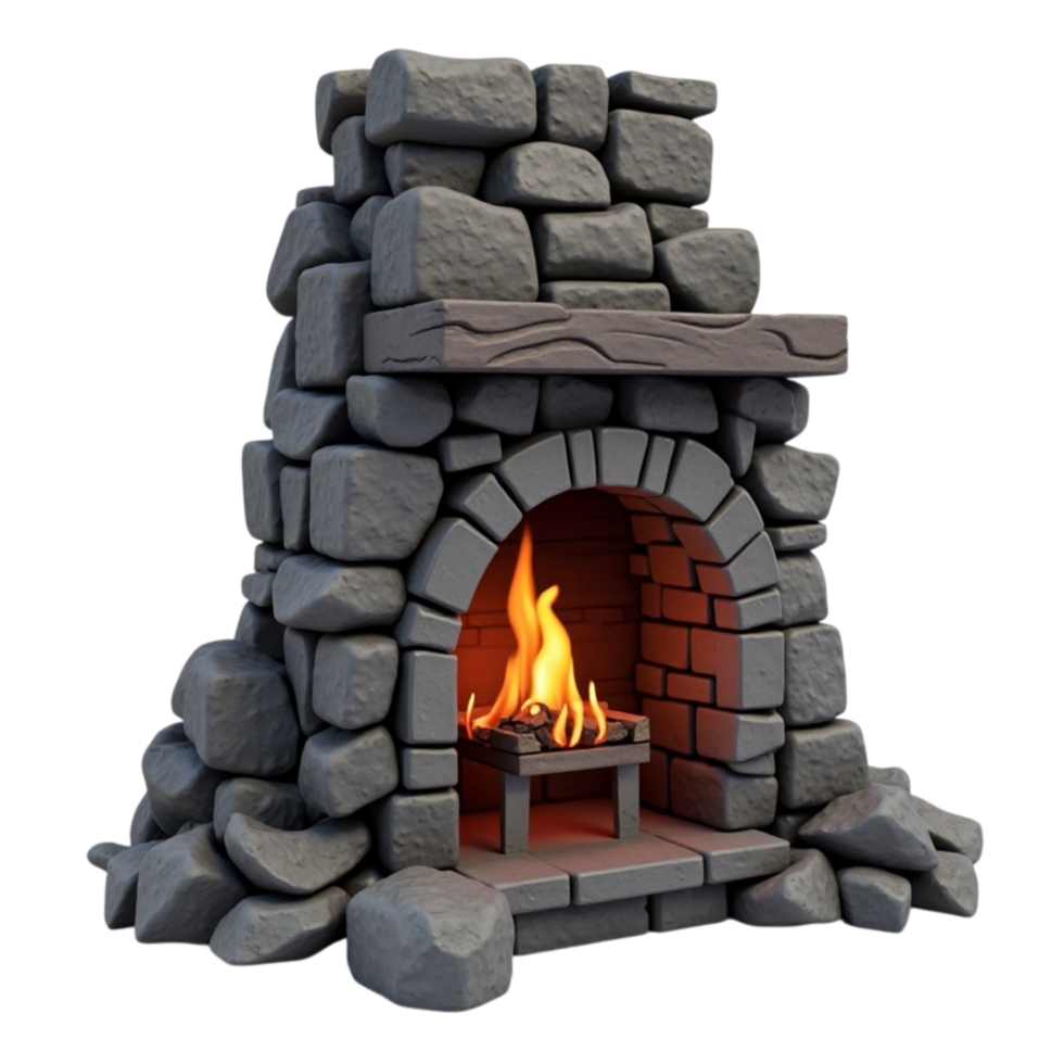Cozy realistic stone fireplace with crackling fire and warm glow transparent asset png