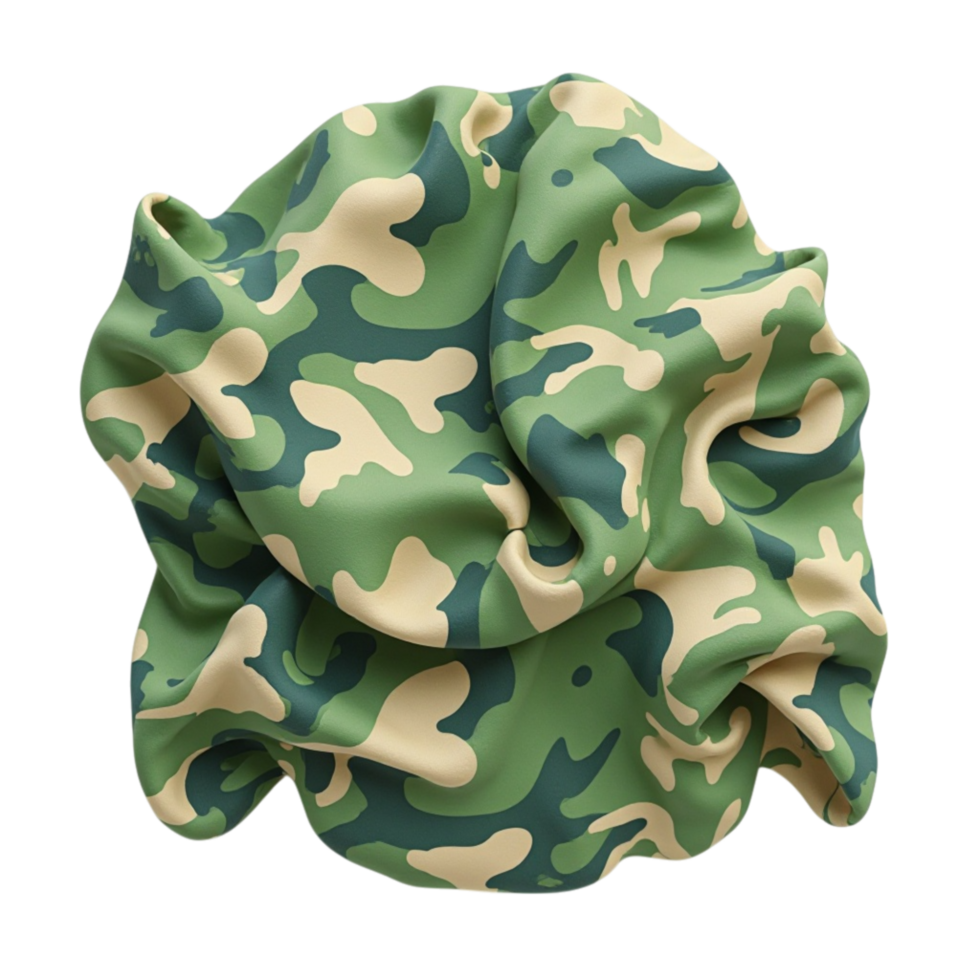 Crumpled 3D render of classic green military camouflage fabric pattern abstract graphic png