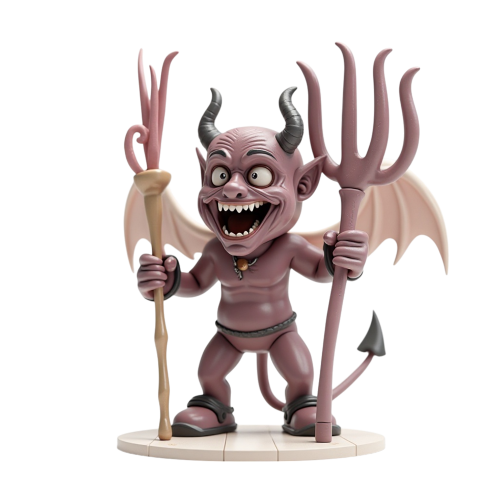 Cute cartoon devil figure holding pitchfork and staff 3D render transparent file png