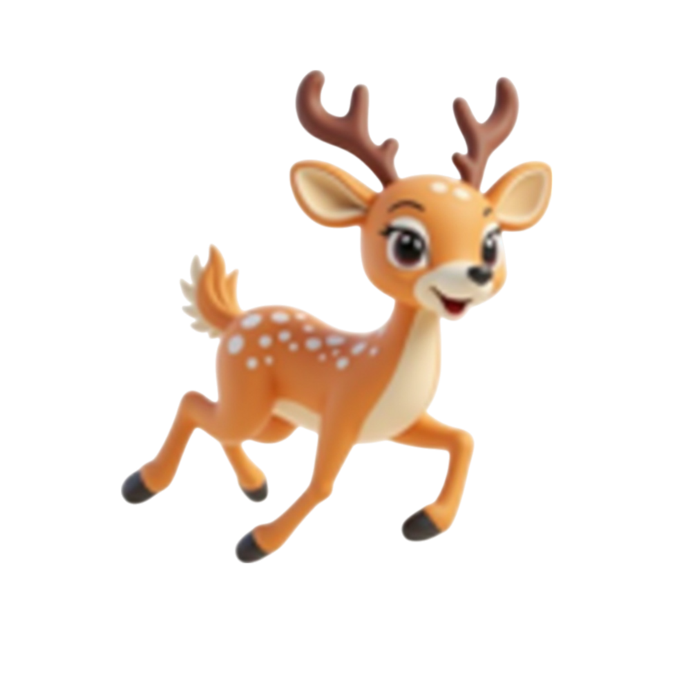 Cute cartoon fawn prancing with spotted coat and antlers 3D illustration on transparent png