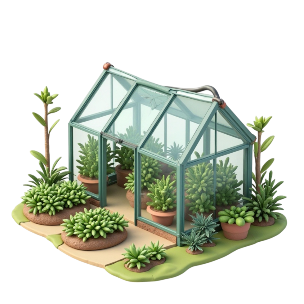 Cute Miniature Isometric Greenhouse with Succulents and Potted Plants on Transparent Background Render png