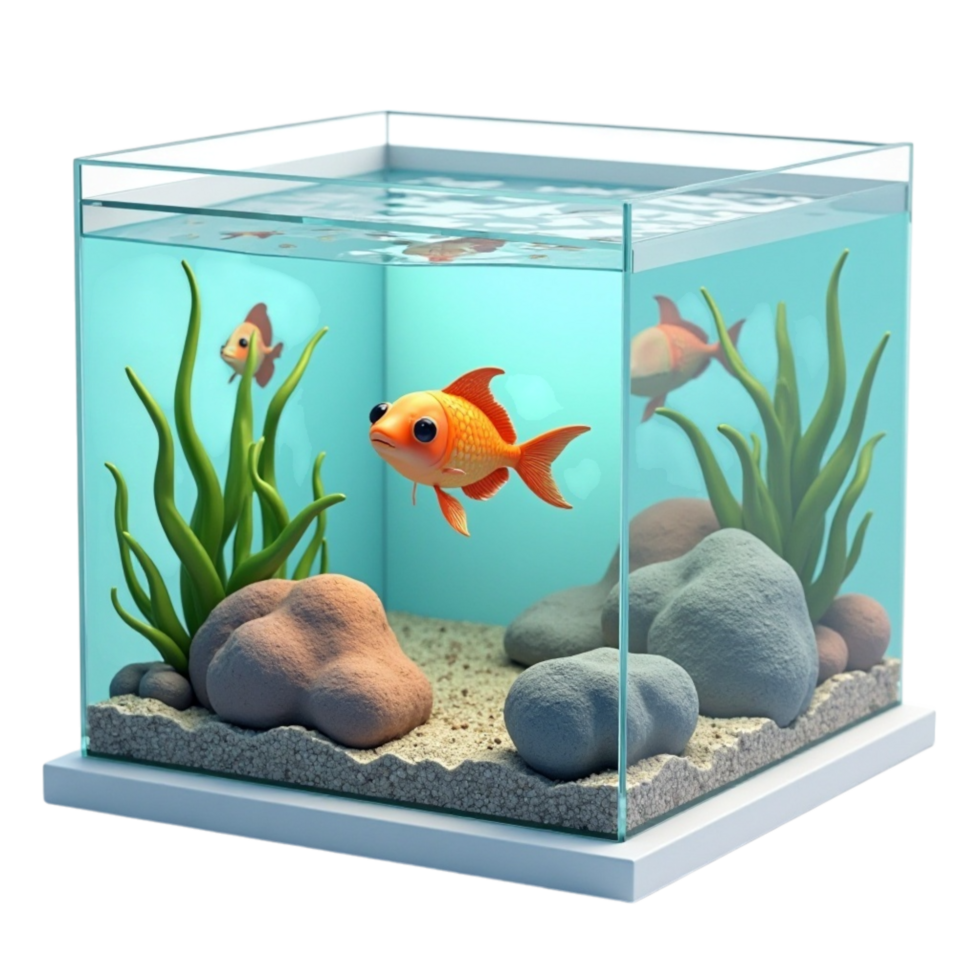 Cute Goldfish Swimming in a Small Desktop Aquarium with Rocks and Plants Transparent png
