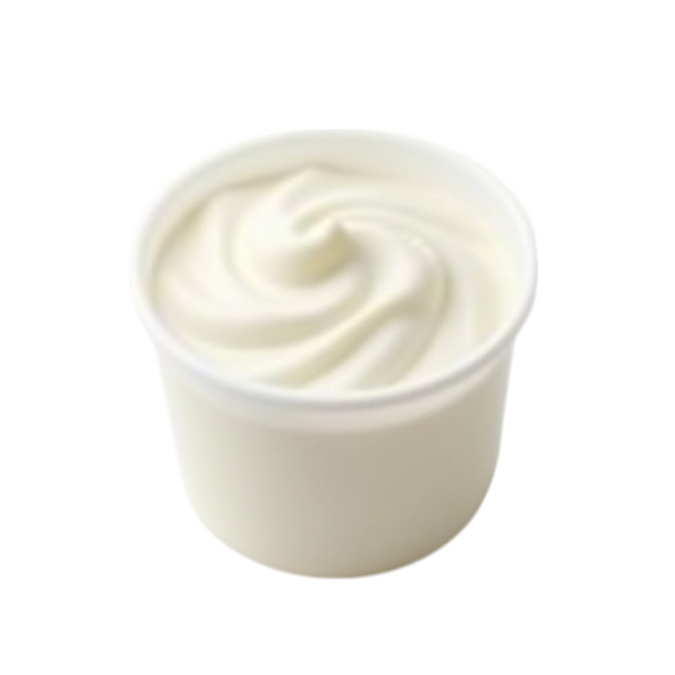 Smooth creamy white yogurt or soft serve ice cream in a white cup on a black background png