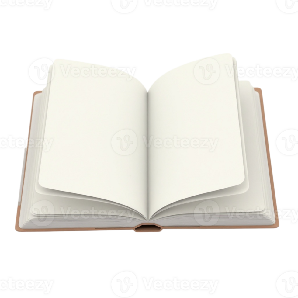 Detailed 3D render of an open notebook with empty white pages on a transparent background png