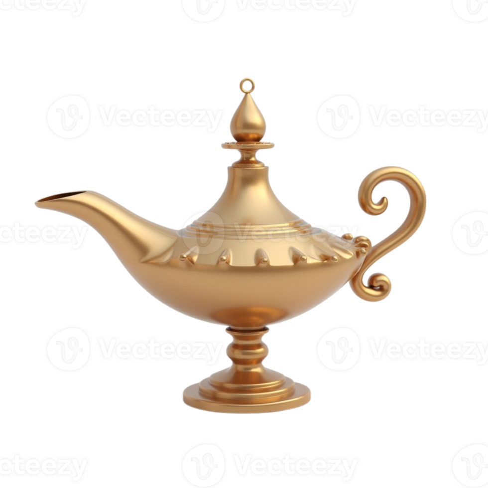 Detailed Golden 3D Rendered Genie Lamp on Transparent Background, Symbol of Wishes and Magic png