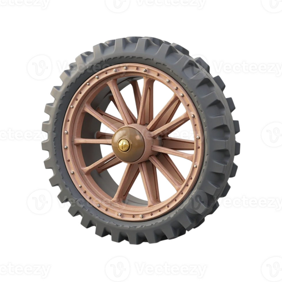 Detailed 3D Render of Vintage Spoked Wheel with Tractor Tire Isolated on Black Background File with Transparent Background png