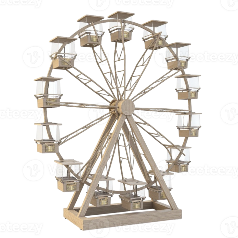 Detailed 3D Rendered Wooden Ferris Wheel with Illuminated Cabins Isolated on Transparent Background png