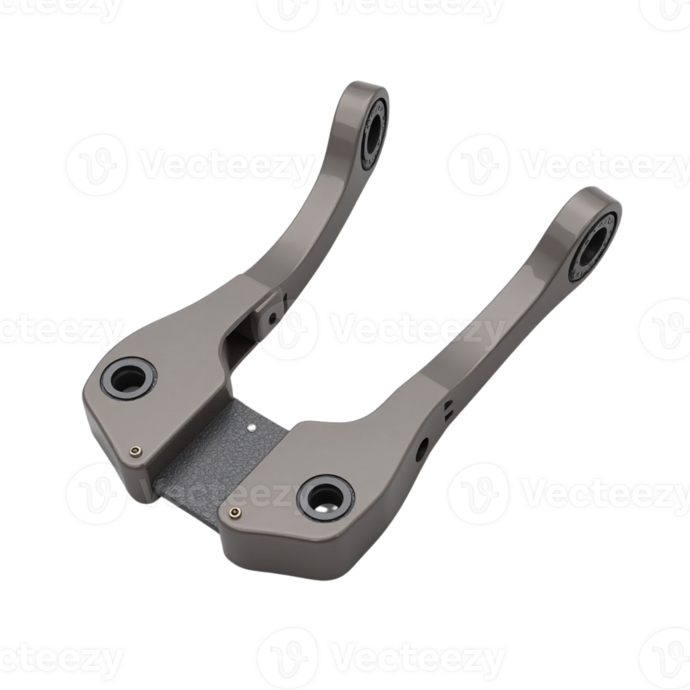 Detailed grey metal mechanical linkage or arm part on a transparent background png