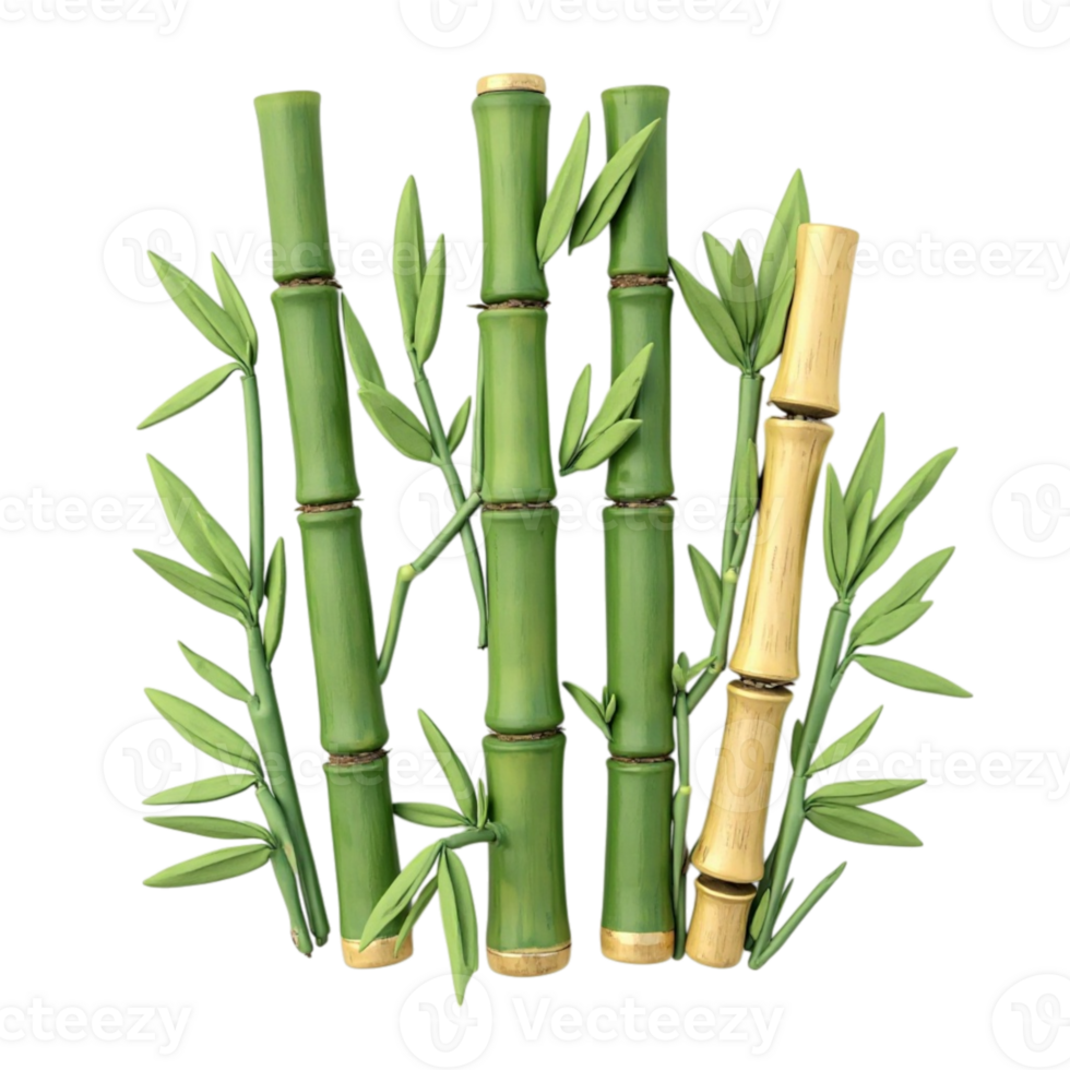 Detailed graphic illustration of vibrant green and lighter yellow bamboo stalks with leaves, presented as a file with a transparent background png