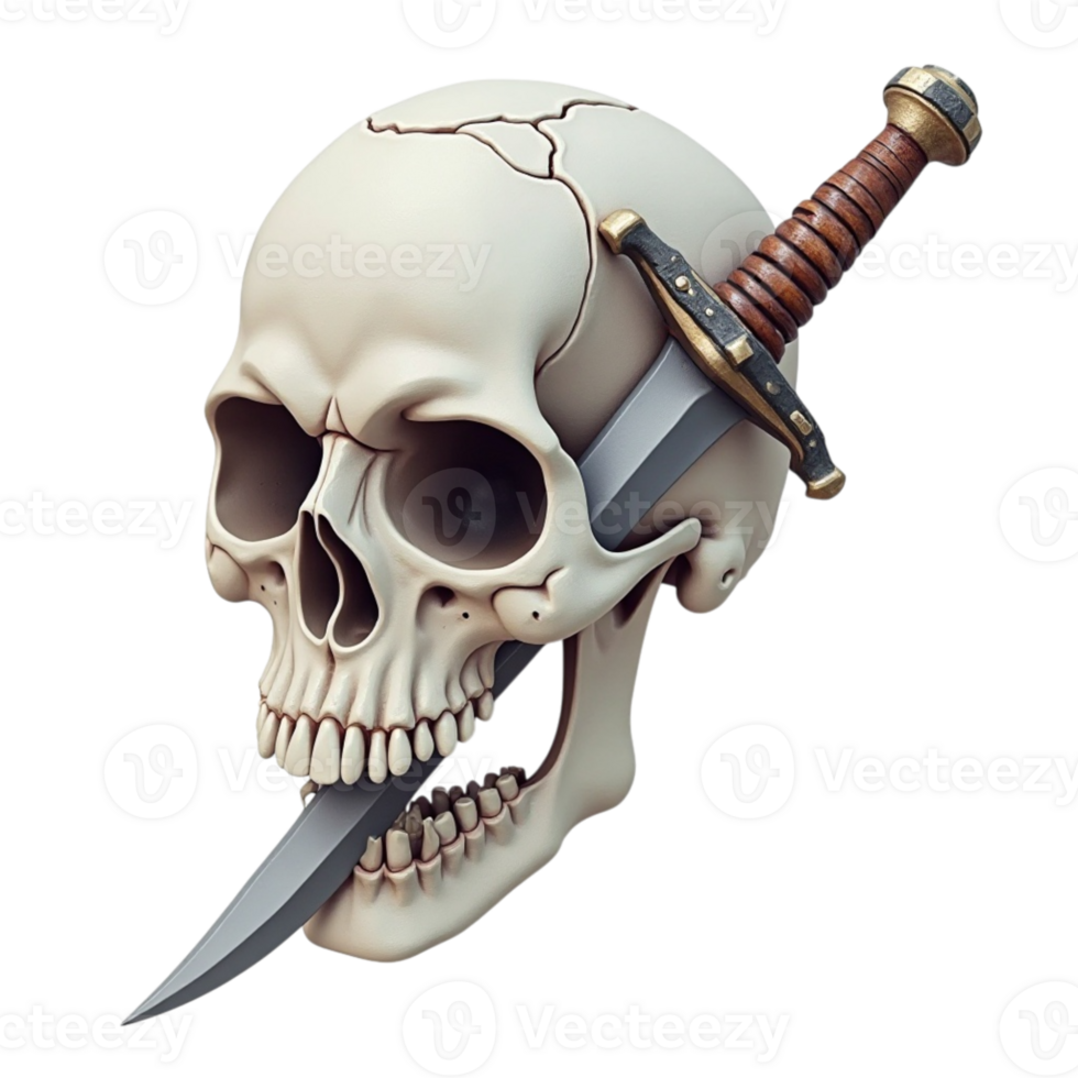 Detailed human skull with a sharp dagger thrust through eye socket and mouth, symbol of danger available as a file with a transparent background png