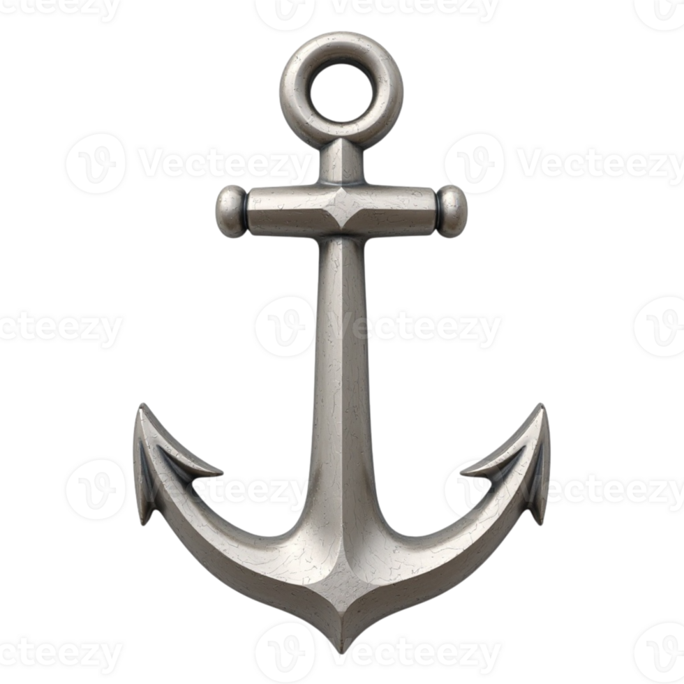 Detailed shiny silver metal anchor symbol isolated on a black background with transparent layer png