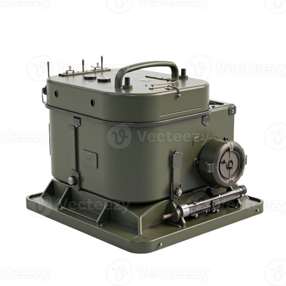 Detailed studio shot of vintage military or industrial electronic equipment device isolated transparent background png