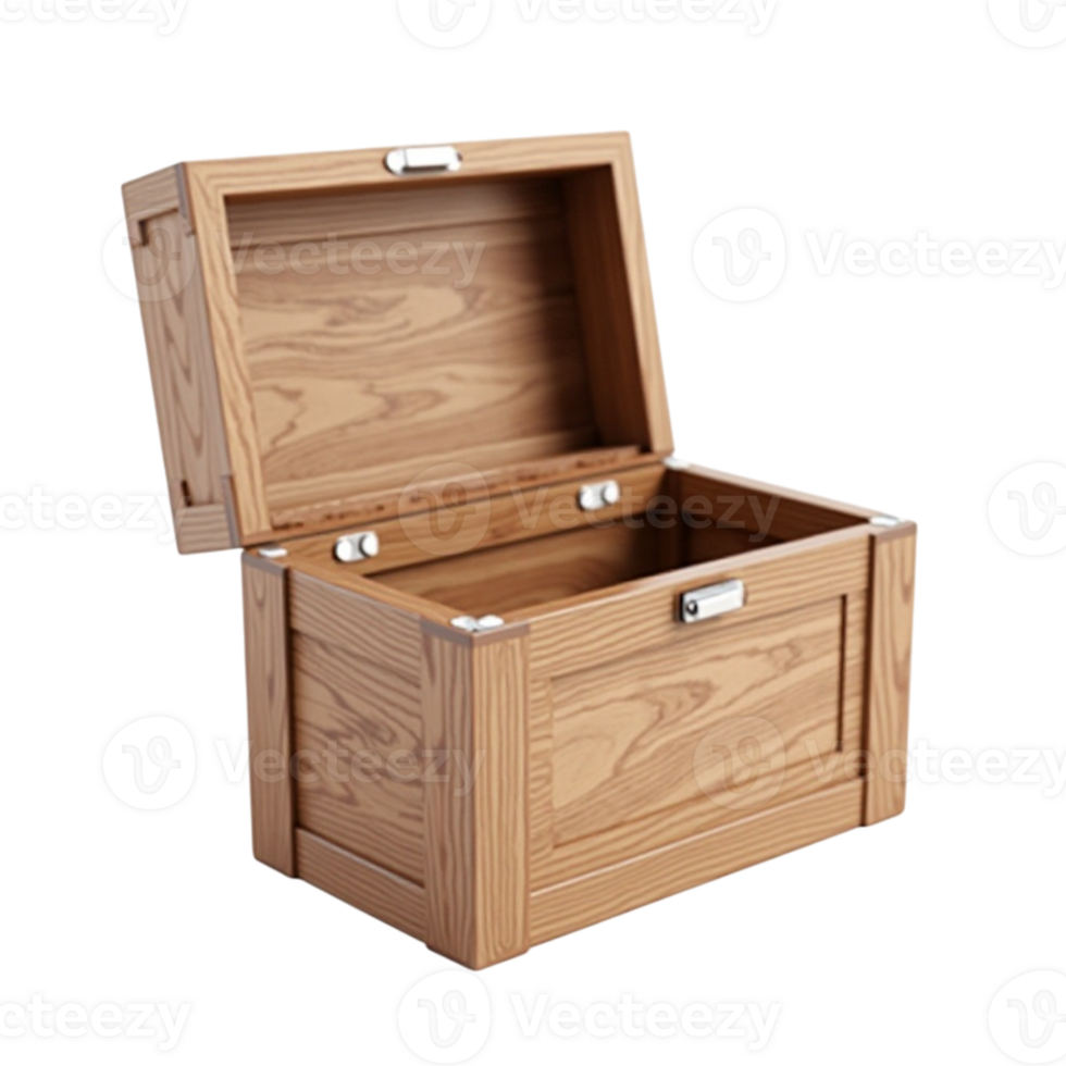 Detailed View of an Open Wooden Storage Box Object with Transparent Background File png