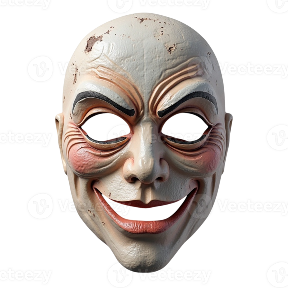 Distorted Grinning Mask for Halloween or Horror Events with Wrinkled Skin and Painted Features png