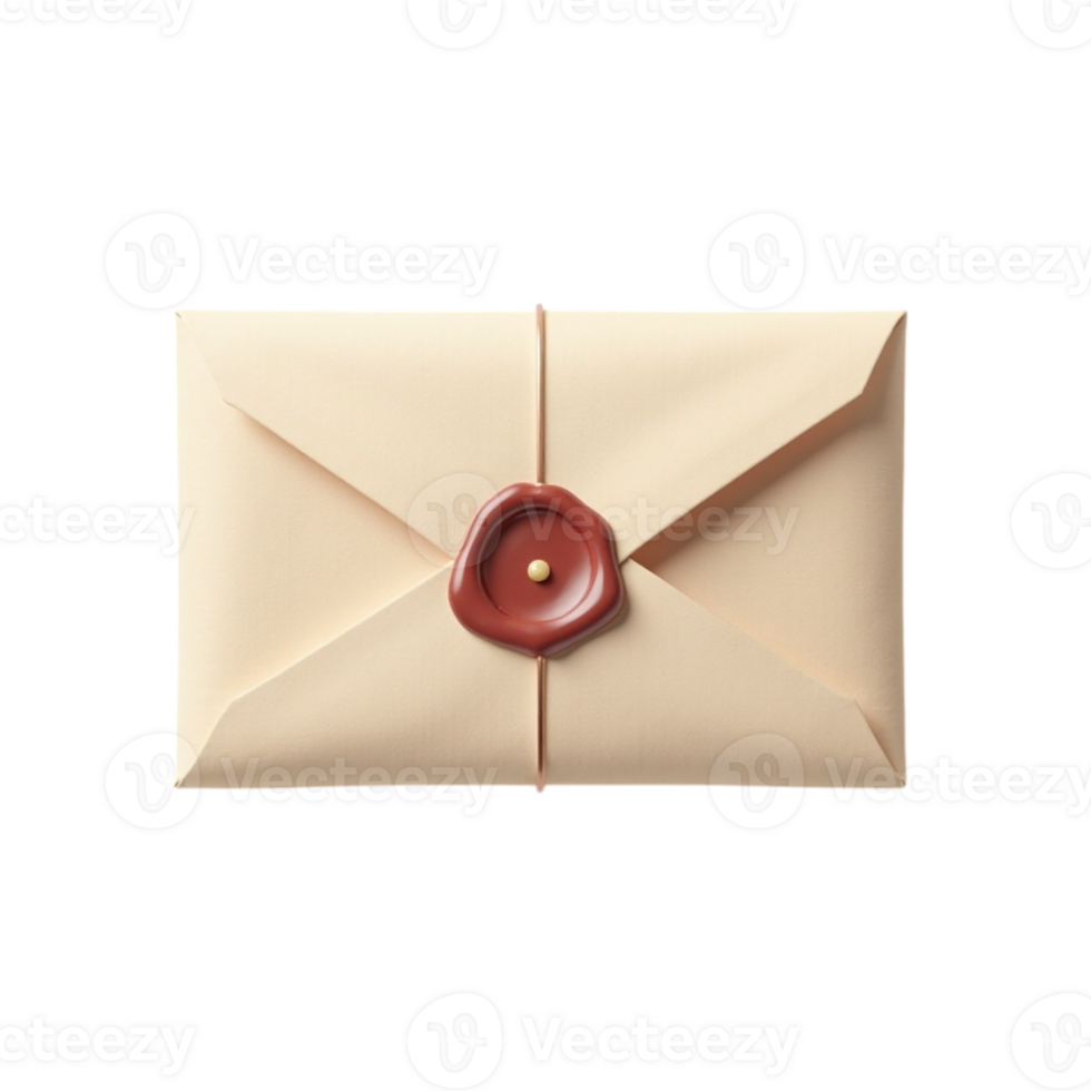 Elegant cream envelope with red wax seal and string, a classic symbol of confidential communication or special delivery represented as a high-quality file with a transparent background. png