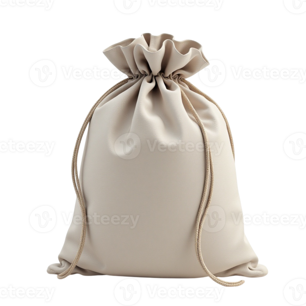 Elegant Cream Fabric Drawstring Pouch Isolated Object Render with Transparent Background png