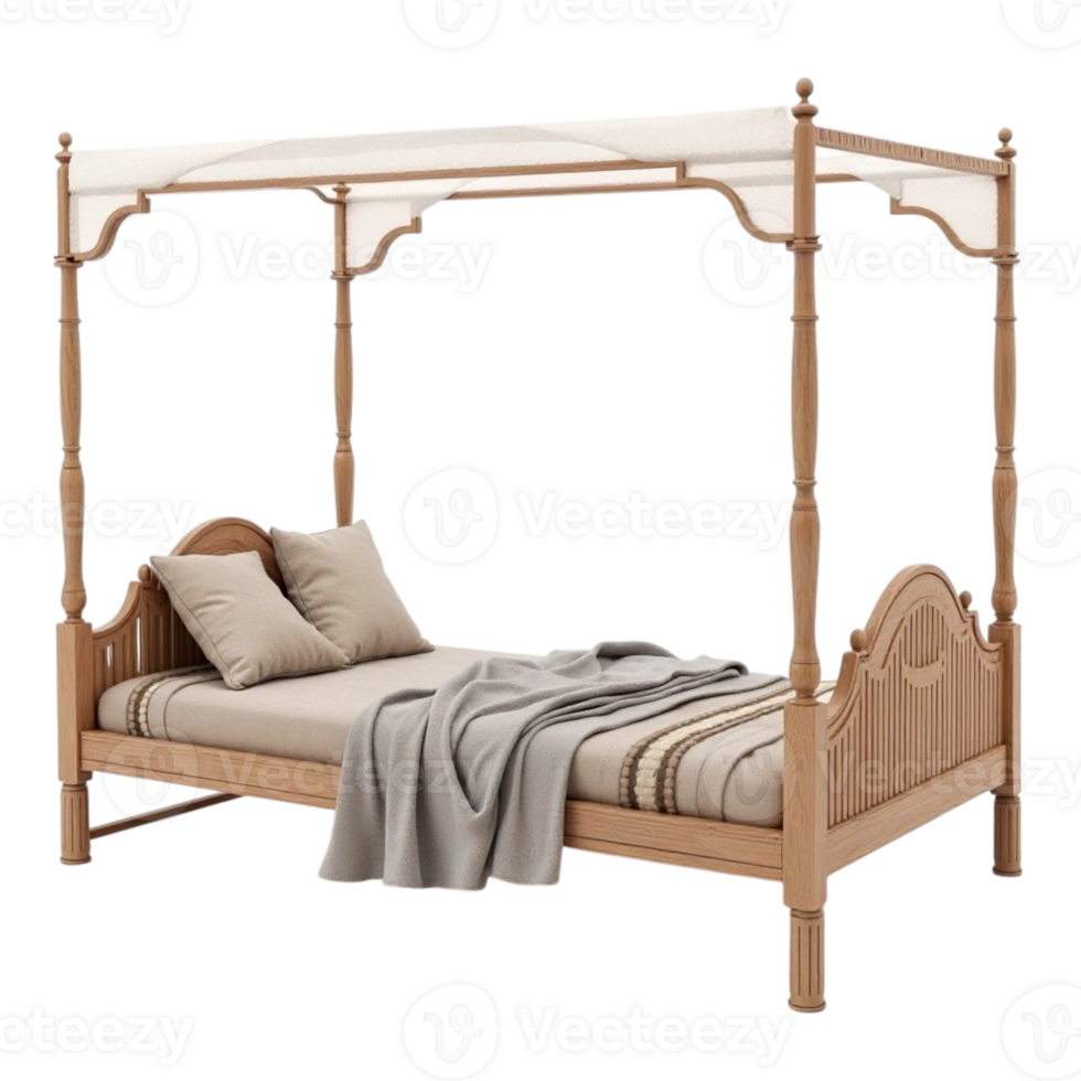 Elegant Wooden Four Post Canopy Bed with Classic Carvings and Soft Bedding png