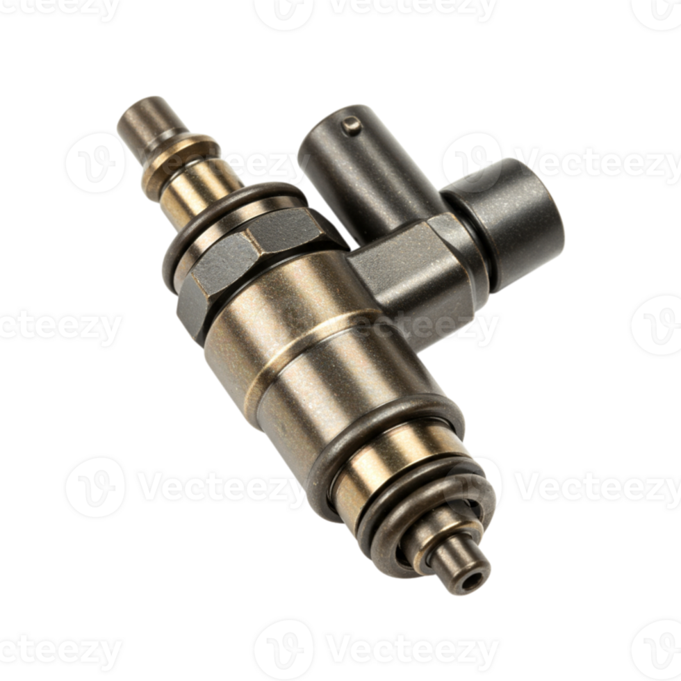 High-precision automotive fuel injector or engine component on transparent black background file png