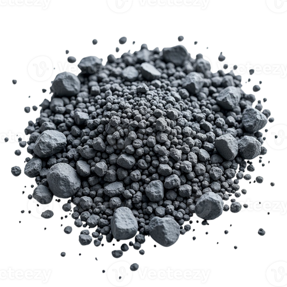 Heap of grey granular material and small stones isolated on a dark background png
