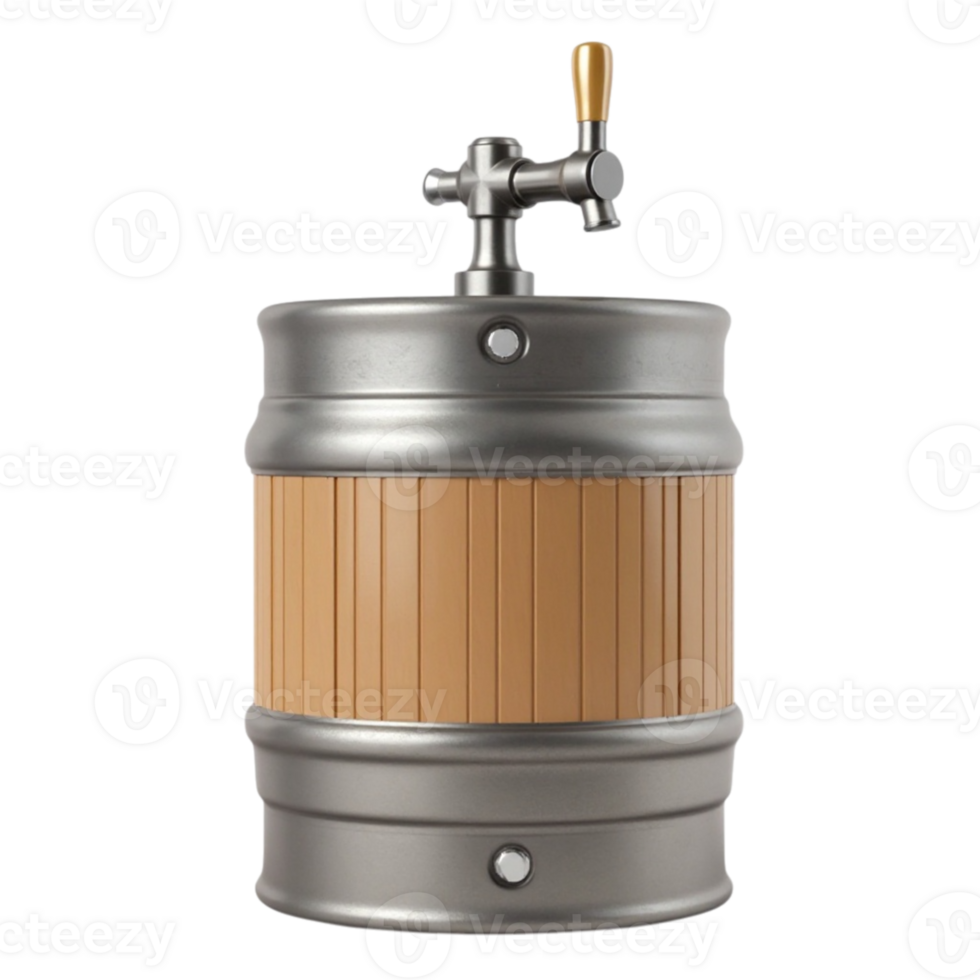 Isolated 3D render of a metallic beer keg with a golden tap for draft beverage service on a transparent background png