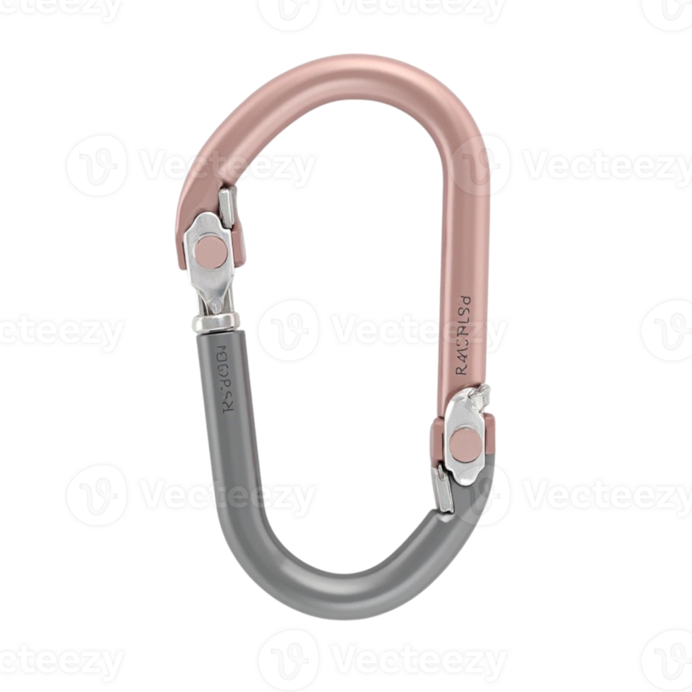 Isolated two-tone metal safety carabiner for climbing or gear attachment on transparent background png