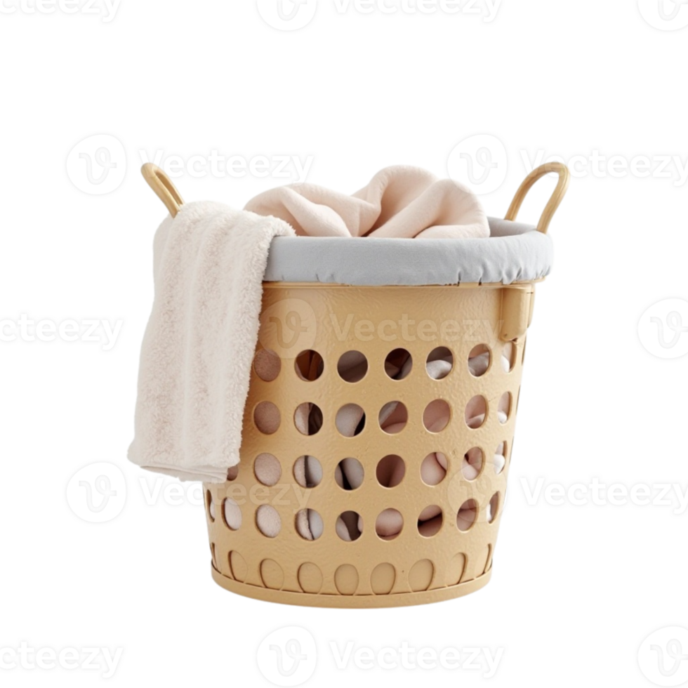 Isolated Beige Plastic Laundry Basket Full of Clothes and Towel on Transparent Background Object png