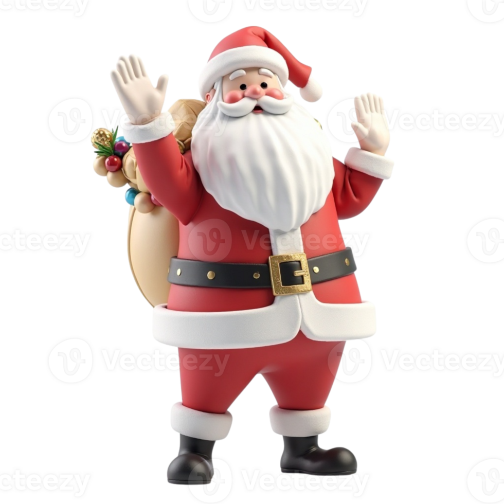 Joyful 3D Cartoon Santa Claus Character Waving Happy Holidays with Sack of Gifts Transparent Background File png